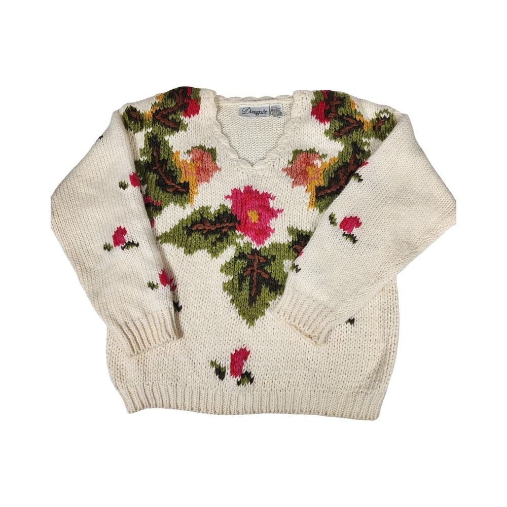 Vintage Donaguin Floral V Neck Cream Knit Sweater Women's Size M